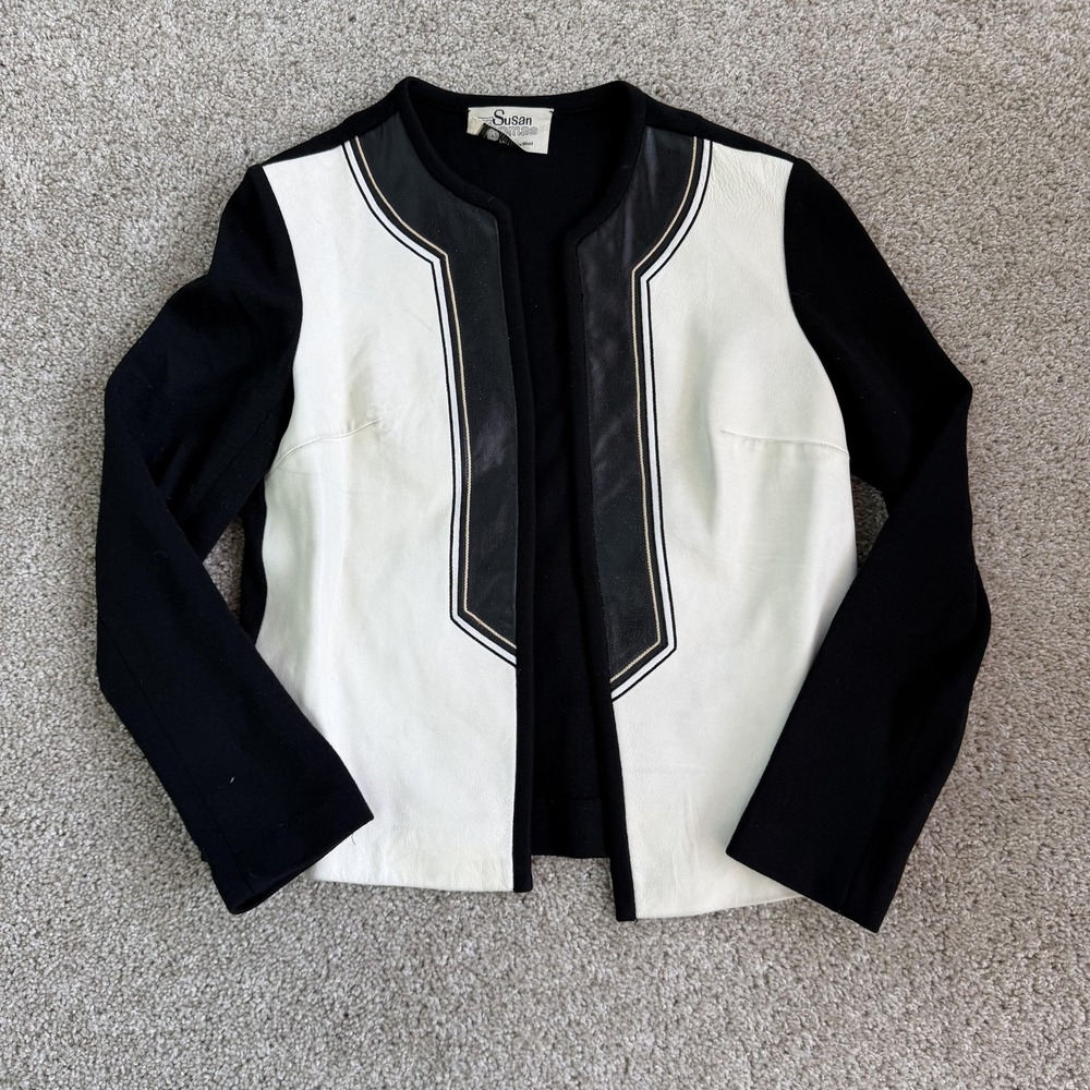 Vintage Susan Thomas Blazer Jacket Womens 10 Black White Wool Colorblock Trim